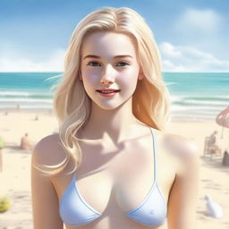 A realistic 18-year-old blonde girl in a swimsuit, depicted tastefully and respectfully