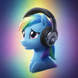 2-dimensional rendition of pony Rainbow Dash wearing stylish headphones against a luminescent background.