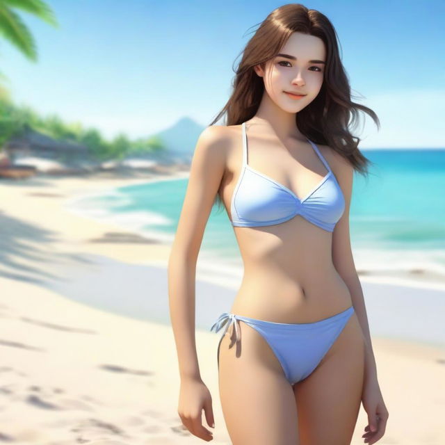 A realistic 18-year-old brunette girl in a swimsuit, depicted tastefully and respectfully