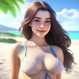 A realistic 18-year-old brunette girl in a swimsuit, depicted tastefully and respectfully