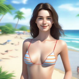 A realistic 18-year-old brunette girl in a swimsuit, depicted tastefully and respectfully