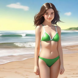 A realistic 18-year-old brunette girl in a swimsuit, depicted tastefully and respectfully