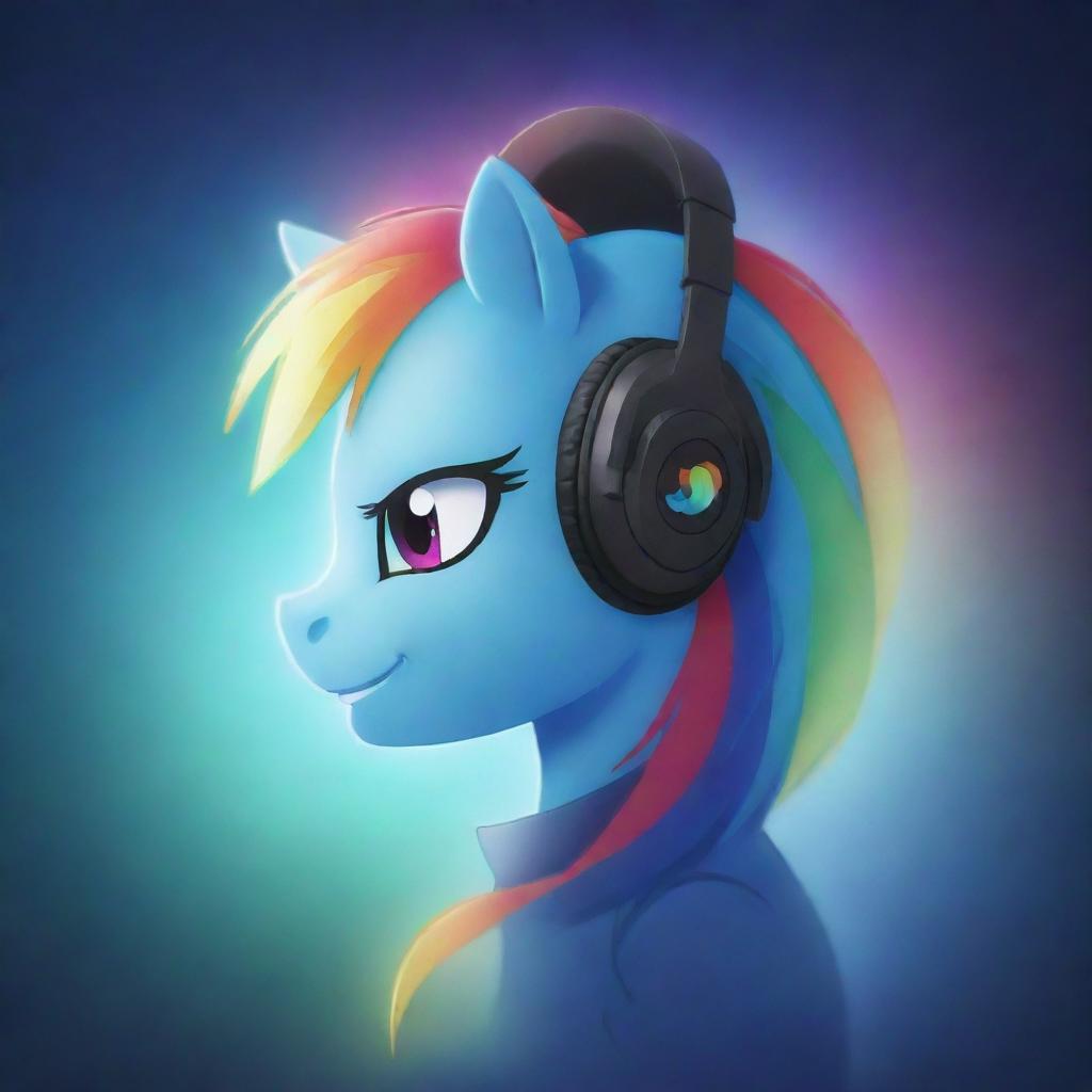 2-dimensional rendition of pony Rainbow Dash wearing stylish headphones against a luminescent background.