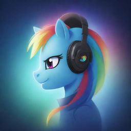 2-dimensional rendition of pony Rainbow Dash wearing stylish headphones against a luminescent background.