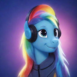 2-dimensional rendition of pony Rainbow Dash wearing stylish headphones against a luminescent background.