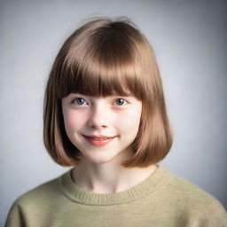 A detailed portrait of a 16-year-old girl with short, shoulder-length hair and bangs