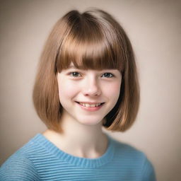 A detailed portrait of a 16-year-old girl with short, shoulder-length hair and bangs