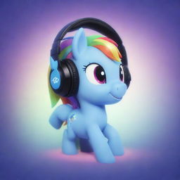 2-dimensional rendition of pony Rainbow Dash wearing stylish headphones against a luminescent background.