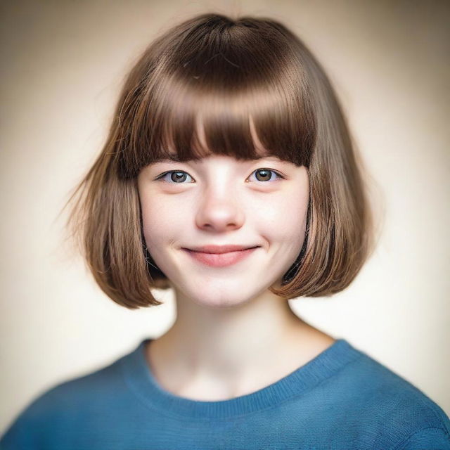 A detailed portrait of a 16-year-old girl with short, shoulder-length hair and bangs