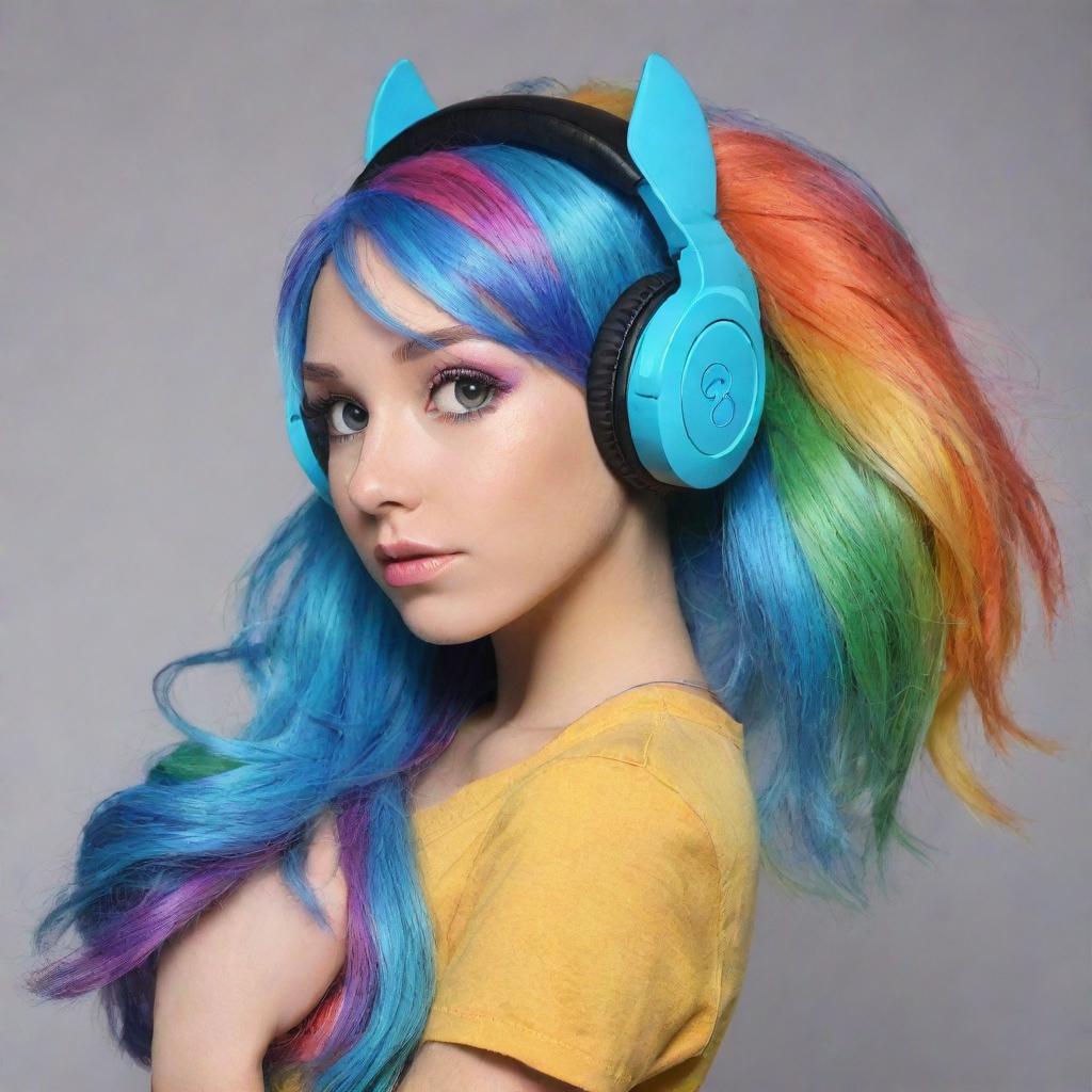 Equestria girl version of Rainbow Dash wearing fashionable headphones, her colorful hair flowing.