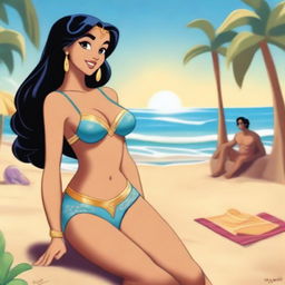 A tasteful and respectful depiction of Princess Jasmine from Aladdin in a swimsuit