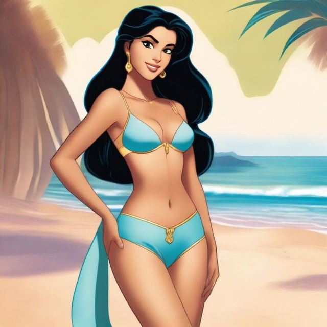 A tasteful and respectful depiction of Princess Jasmine from Aladdin in a swimsuit