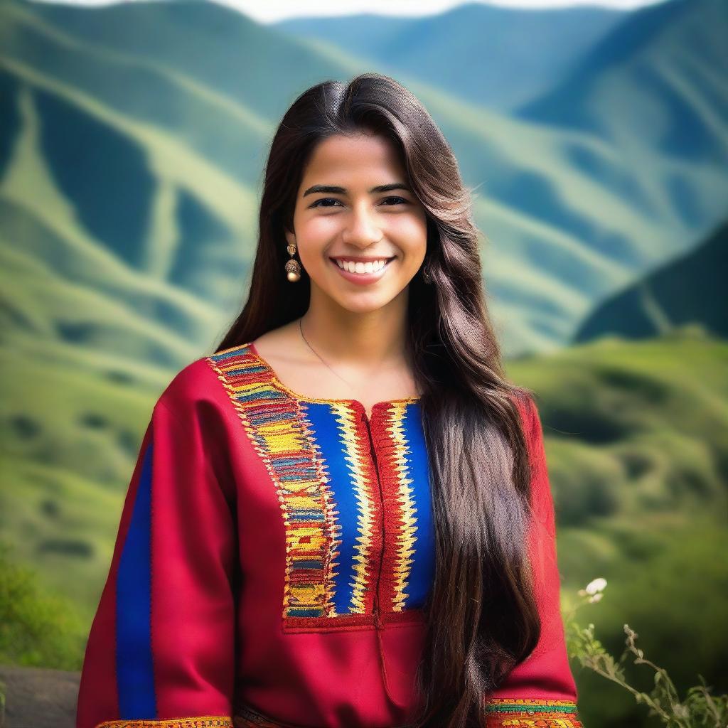 A 22-year-old woman from Venezuela, with a warm smile, long dark hair, and wearing traditional Venezuelan clothing