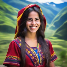 A 22-year-old woman from Venezuela, with a warm smile, long dark hair, and wearing traditional Venezuelan clothing