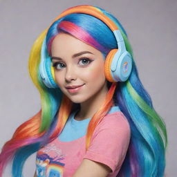 Equestria girl version of Rainbow Dash wearing fashionable headphones, her colorful hair flowing.