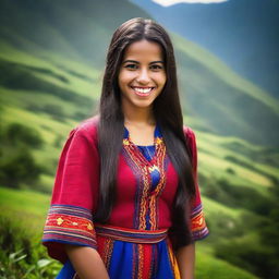 A 22-year-old woman from Venezuela, with a warm smile, long dark hair, and wearing traditional Venezuelan clothing