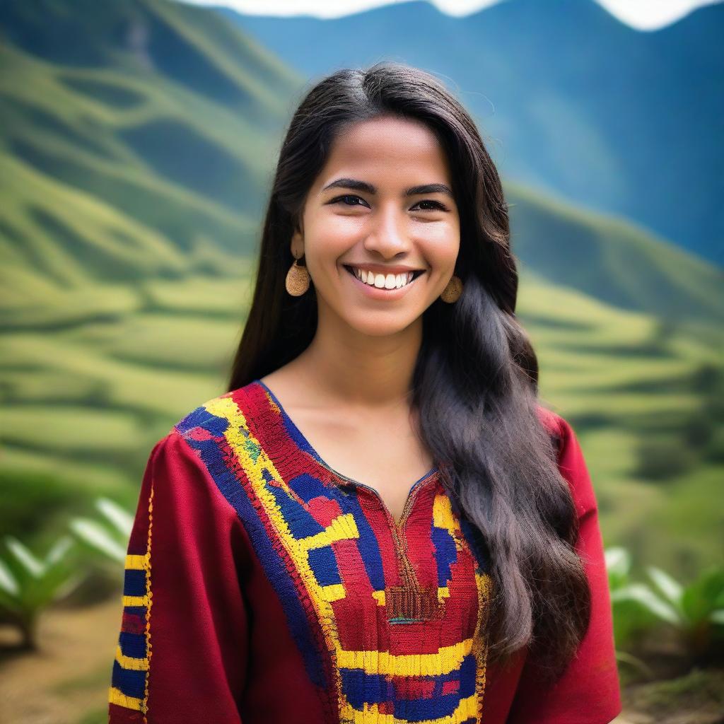 A 22-year-old woman from Venezuela, with a warm smile, long dark hair, and wearing traditional Venezuelan clothing