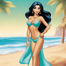 Princess Jasmine from Aladdin in a tasteful and respectful swimsuit, depicted in a fun and sunny beach setting