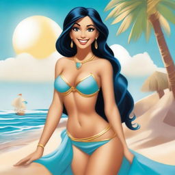 Princess Jasmine from Aladdin in a tasteful and respectful swimsuit, depicted in a fun and sunny beach setting