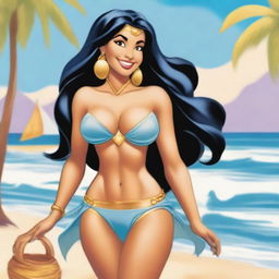 Princess Jasmine from Aladdin in a tasteful and respectful swimsuit, depicted in a fun and sunny beach setting