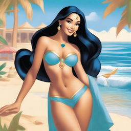 Princess Jasmine from Aladdin in a tasteful and respectful swimsuit, depicted in a fun and sunny beach setting