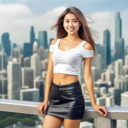 A young woman wearing a stylish miniskirt, paired with a fashionable top