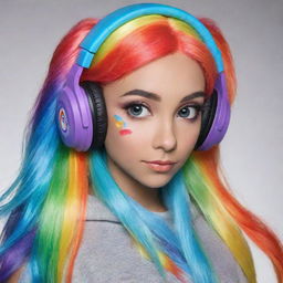 Equestria girl version of Rainbow Dash wearing fashionable headphones, her colorful hair flowing.