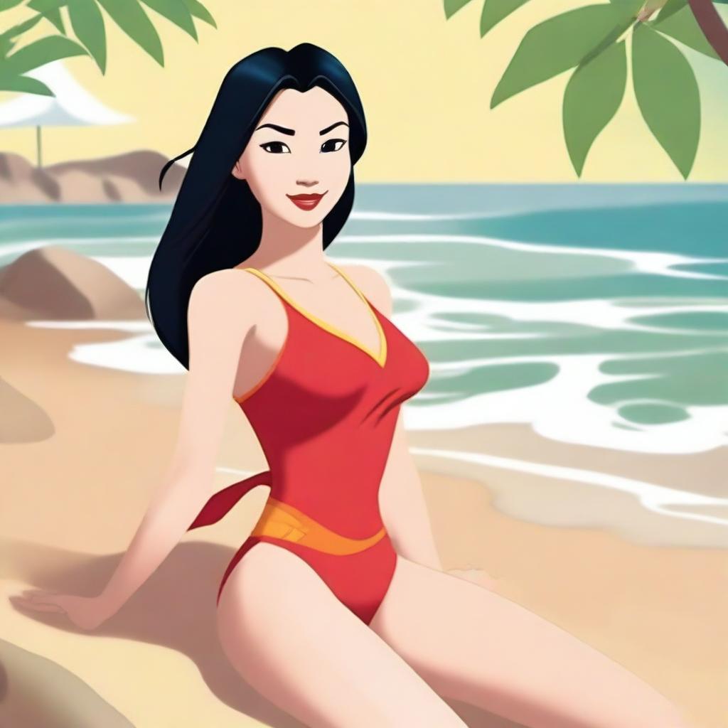 A tasteful and respectful depiction of Princess Mulan in a swimsuit