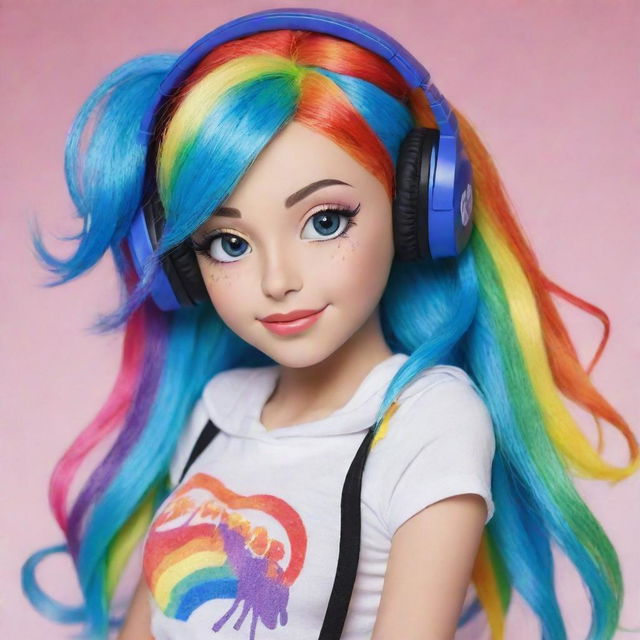 Equestria girl version of Rainbow Dash wearing fashionable headphones, her colorful hair flowing.