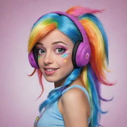 Humorous caricature of Equestria girl Rainbow Dash sporting fashionable headphones, with exaggerated features accentuating her vibrant hair and colorful personality.