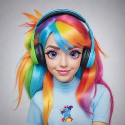 Humorous caricature of Equestria girl Rainbow Dash sporting fashionable headphones, with exaggerated features accentuating her vibrant hair and colorful personality.