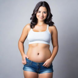 A beautiful and attractive woman with an outie belly button, standing in a confident pose