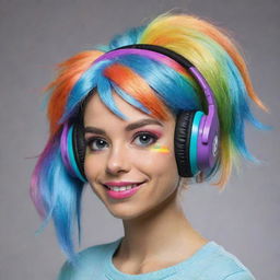 Humorous caricature of Equestria girl Rainbow Dash sporting fashionable headphones, with exaggerated features accentuating her vibrant hair and colorful personality.