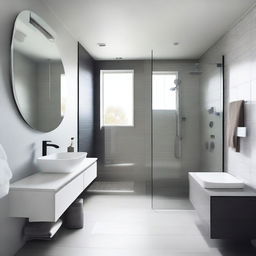 A modern bathroom featuring sleek, minimalist design with clean lines and contemporary fixtures