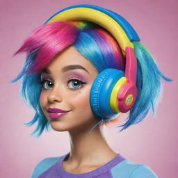 Humorous caricature of Equestria girl Rainbow Dash sporting fashionable headphones, with exaggerated features accentuating her vibrant hair and colorful personality.