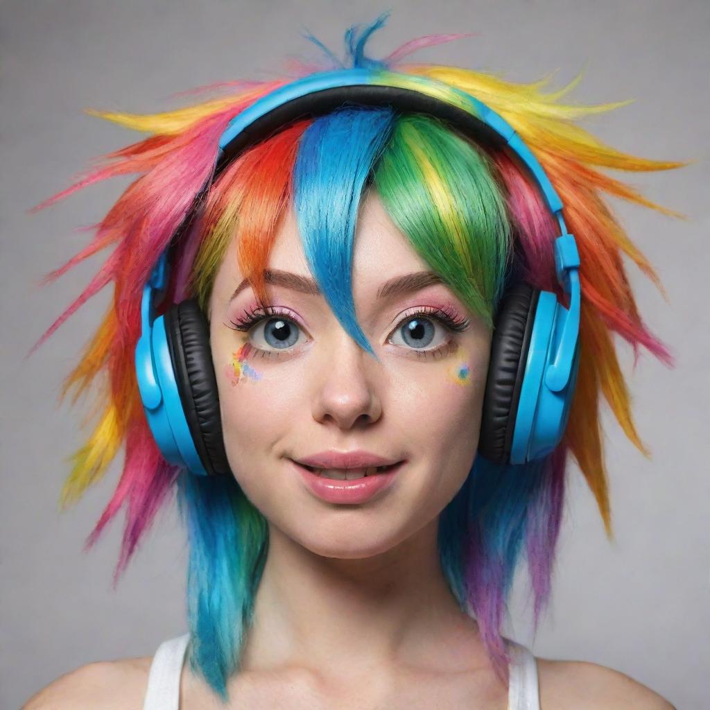 A one-dimensional interpretation of Rainbow Dash from My Little Pony wearing headphones, using bright, bold colors to portray the character's iconic rainbow mane and playful personality.