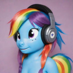 A one-dimensional interpretation of Rainbow Dash from My Little Pony wearing headphones, using bright, bold colors to portray the character's iconic rainbow mane and playful personality.