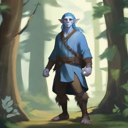 A young blue Firbolg standing in a lush forest, surrounded by tall trees and vibrant plants