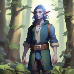 A young blue Firbolg standing in a lush forest, surrounded by tall trees and vibrant plants