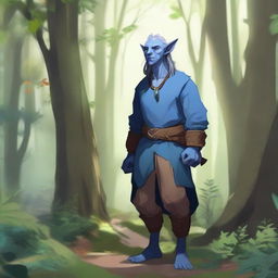 A young blue Firbolg standing in a lush forest, surrounded by tall trees and vibrant plants