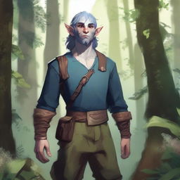 A young blue Firbolg standing in a lush forest, surrounded by tall trees and vibrant plants