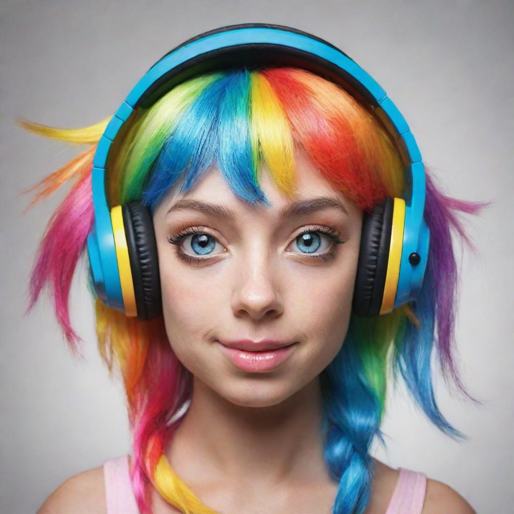 A one-dimensional interpretation of Rainbow Dash from My Little Pony wearing headphones, using bright, bold colors to portray the character's iconic rainbow mane and playful personality.