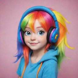 A one-dimensional interpretation of Rainbow Dash from My Little Pony wearing headphones, using bright, bold colors to portray the character's iconic rainbow mane and playful personality.