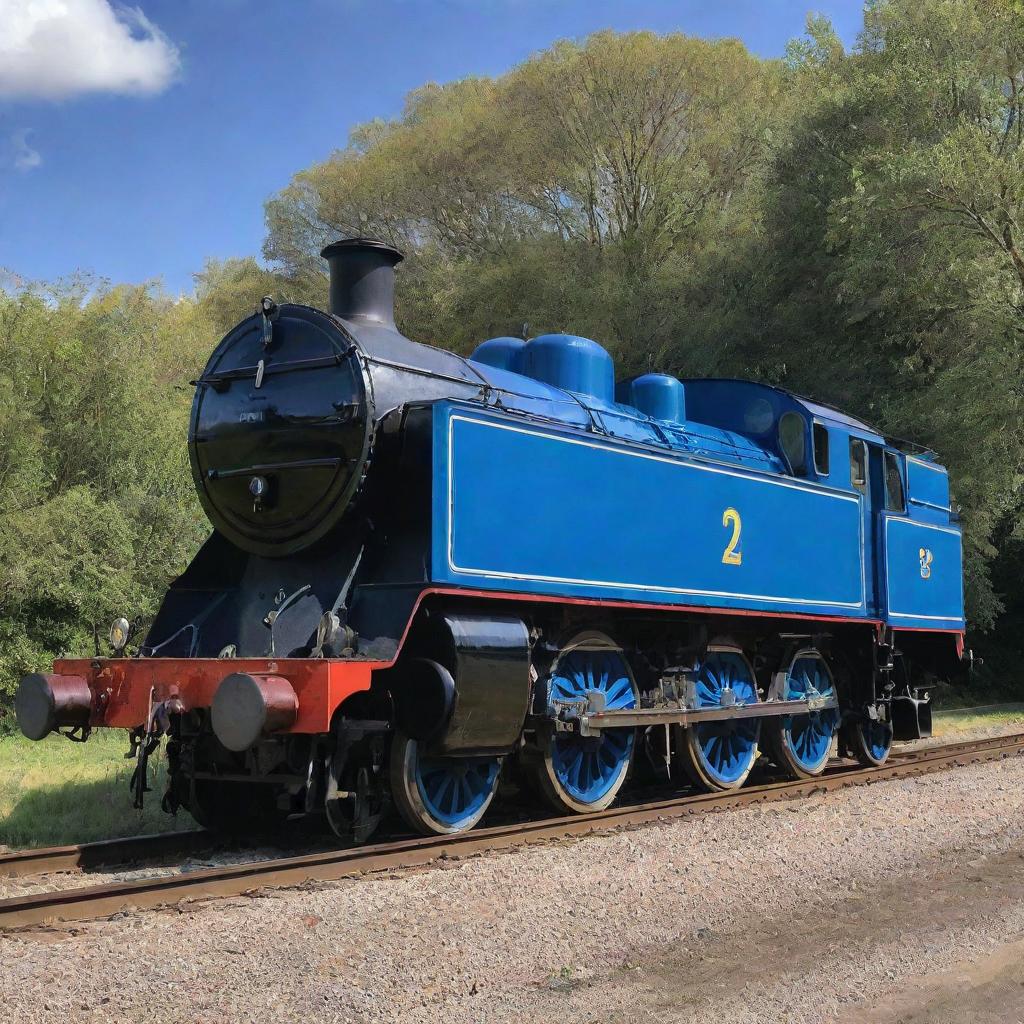 A meticulously detailed E2 tank engine, gleaming with a fresh coat of blue paint, resting on its tracks under a clear, sunny sky.