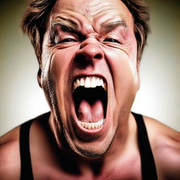 A close-up of a man screaming with intense emotion