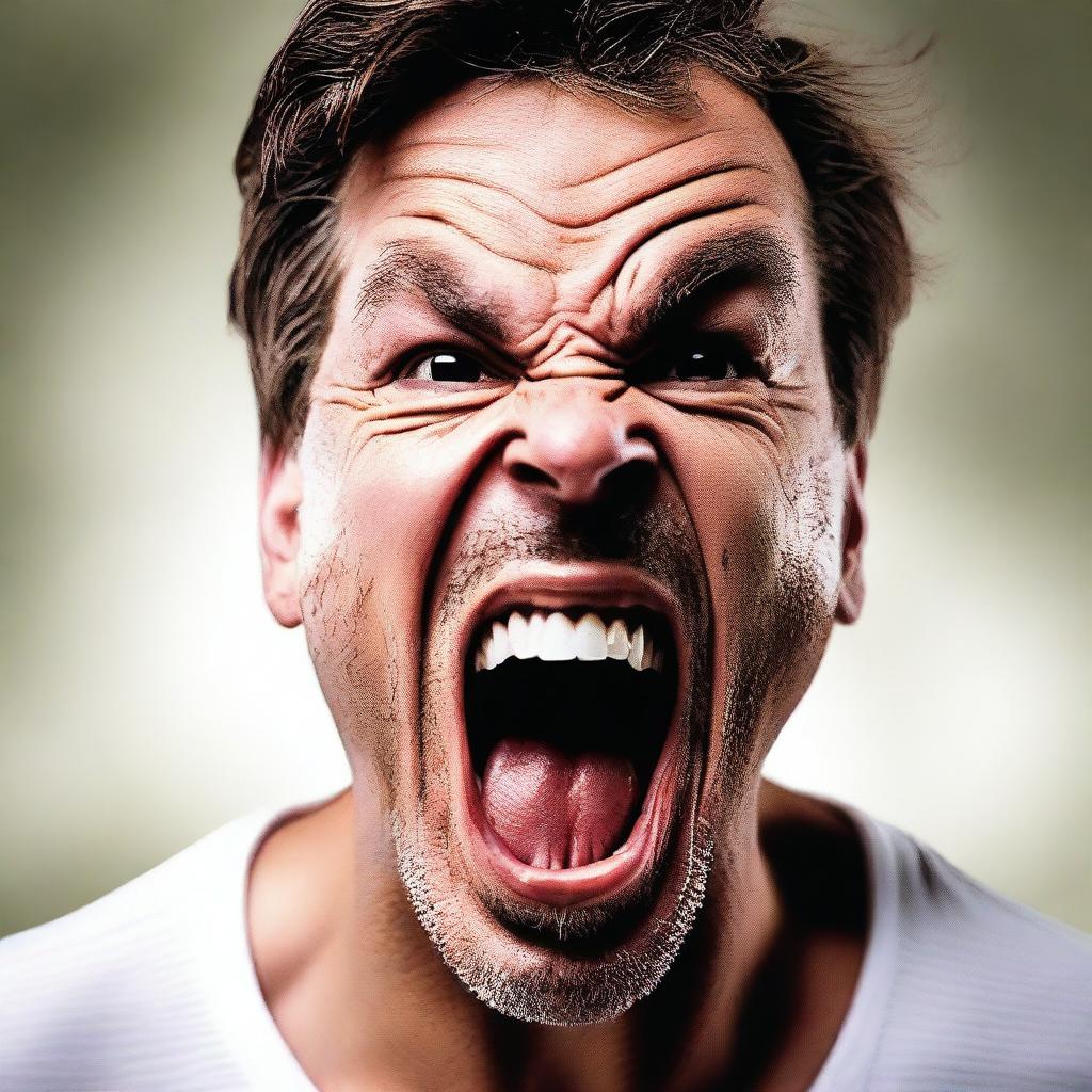 A close-up of a man screaming with intense emotion