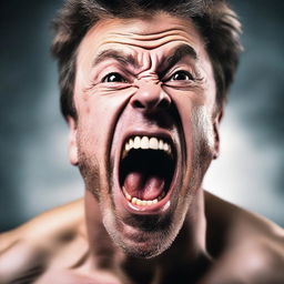 A close-up of a man screaming with intense emotion