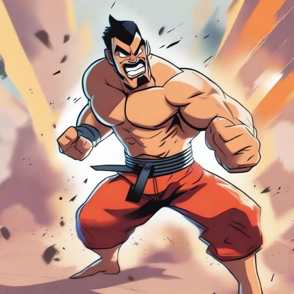 A cartoon-style fighter screaming in the heat of battle