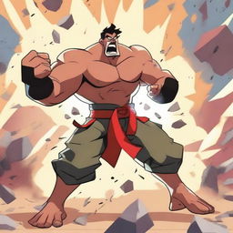 A cartoon-style fighter screaming in the heat of battle