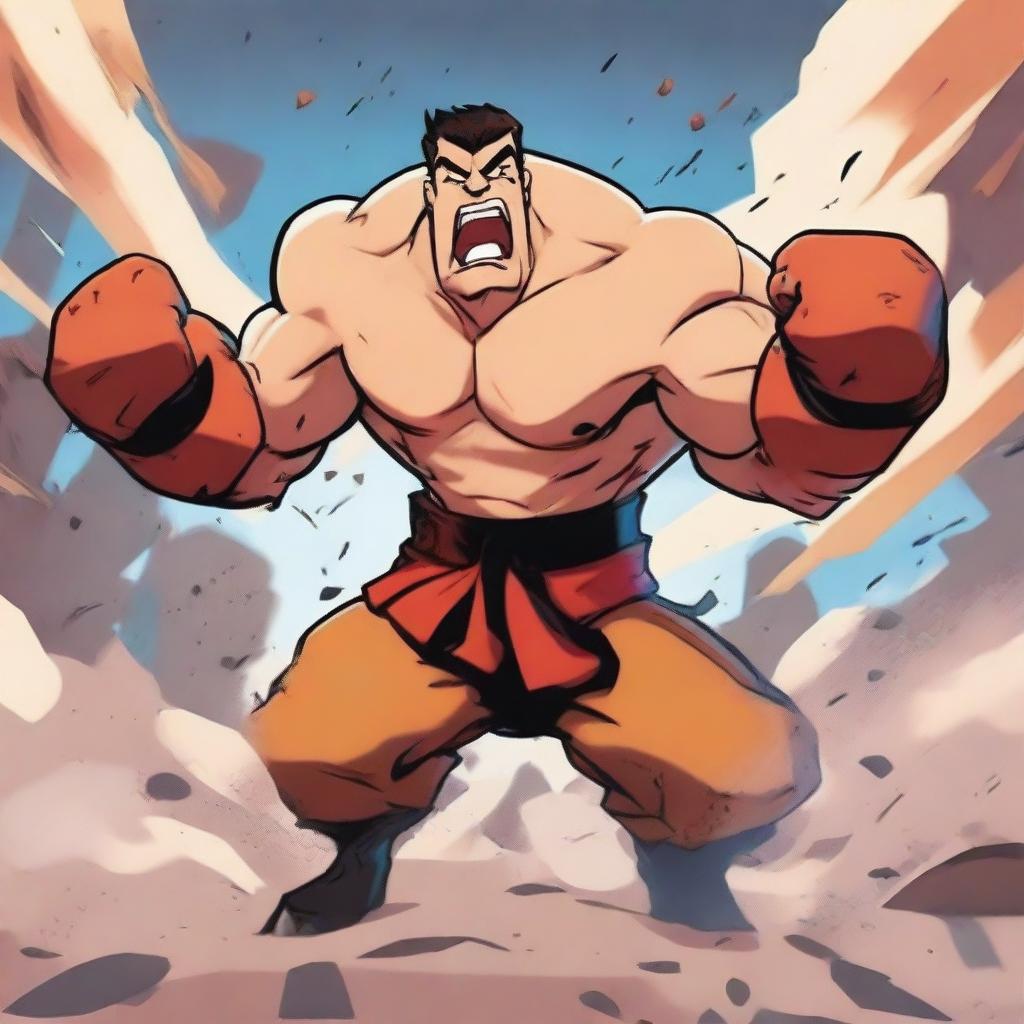 A cartoon-style fighter screaming in the heat of battle